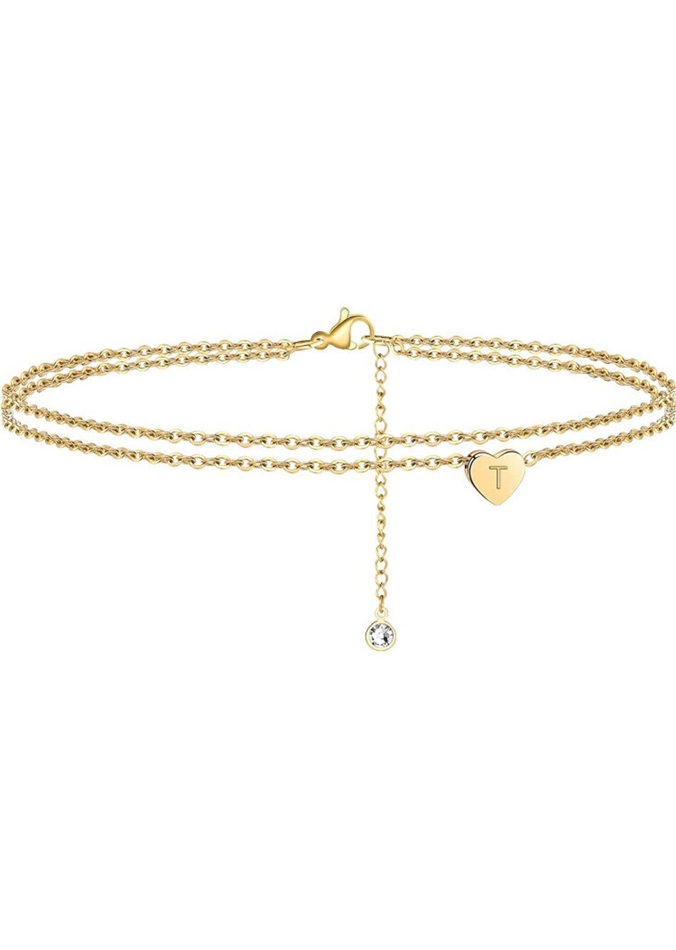 Heart Initial Ankle Bracelet for Women 14K Gold Filled Handmade T Charm Jewelry